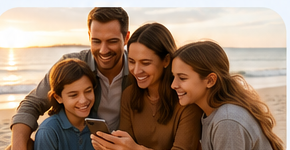 Family looking at a phone together